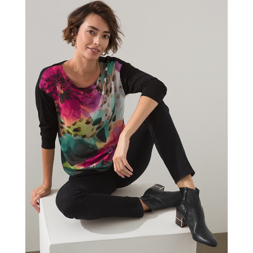 CHICOS | Women’s Touch Of Cool Woven Floral Print Top Small Watercolor